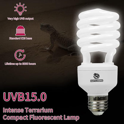 UVB Reptile Light 15.0, 26W Intense UVA UVB Bulb for Reptiles, Terrarium Compact Fluorescent Lamp, Reptile UVB Light Bulb for Desert Reptiles & Amphibians REPTIHOME