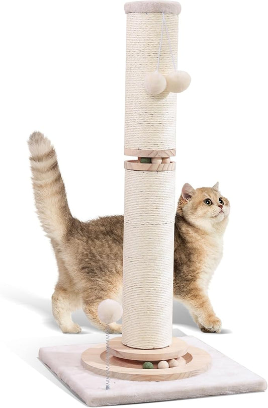 OTOB 33" Tall Cat Scratching Post, 4.3Inch Large Diameter Natural Sisal Rope Scratcher Post, 5-in-1 Interactive Turntable Cat Scratch Post with Soft Hanging Ball Toys for Indoor Large Cats - PAWPICO