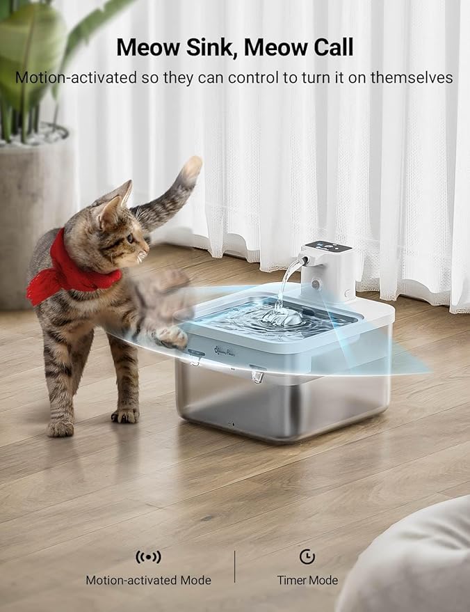 DownyPaws Battery Operated Cat Water Fountain Stainless Steel, 84oz/2.5L Fursink Wireless Pet Water Fountain for Cats Inside, Automatic Dog Water Dispenser with Faucet, Quiet Pump, BPA-Free, White - PAWPICO