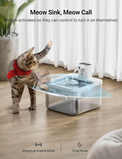 DownyPaws Battery Operated Cat Water Fountain Stainless Steel, 84oz/2.5L Fursink Wireless Pet Water Fountain for Cats Inside, Automatic Dog Water Dispenser with Faucet, Quiet Pump, BPA-Free, White - PAWPICO