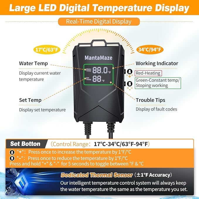 Aquarium Heater 300W/500W/800W/1000W for 20-300 Gal, Fish Tank Heater with Intelligent Leaving Water Automatica Stop Heating and Overheating Protection, for Freshwater & Saltwater MantaMaze