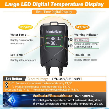 Aquarium Heater 300W/500W/800W/1000W for 20-300 Gal, Fish Tank Heater with Intelligent Leaving Water Automatica Stop Heating and Overheating Protection, for Freshwater & Saltwater MantaMaze