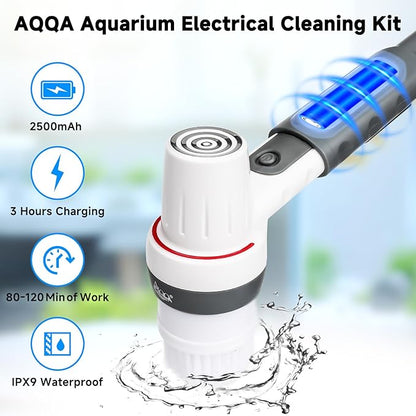 AQQA 8-in-1 Aquarium Cleaning Kit Electric Spin Scrubber Glass Cleaner Cordless Rechargeable IPX9 Waterproof Handheld Fish Tank Cleaning Brush Algae Scrapers Cleaning Tools AQQA