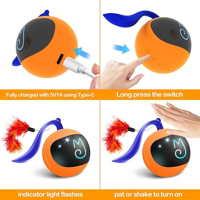 Migipaws Interactive Cat Ball Toy Set, Fun Tracker, Automatic Rolling Chase Ball with Fluffy Tail, A Small Mice, Rechargeable（Orange） - PAWPICO