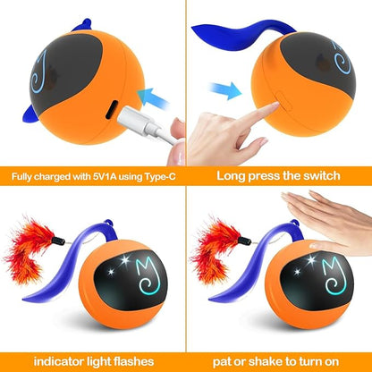 Migipaws Interactive Cat Ball Toy Set, Fun Tracker, Automatic Rolling Chase Ball with Fluffy Tail, A Small Mice, Rechargeable（Orange） - PAWPICO