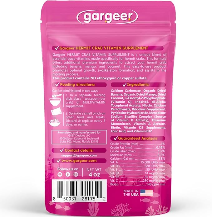 4oz Hermit Crab Multi-Vitamin Supplement. Premium Trace Minerals, Promote Growth, Exoskeleton Formation, Support Molting Process. Enjoy! Gargeer