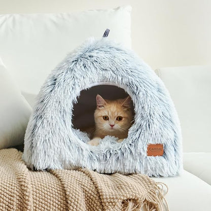 CATISM Cat Bed, Cat Cave for Indoor Cats, Soft Cat Dome, Self-Warming 2 in 1 Foldable Pet Cat House with Washable Cushioned Pillow Calming Fluffy Dog Beds for Small Dogs with Anti-Slip Bottom Gray - PAWPICO
