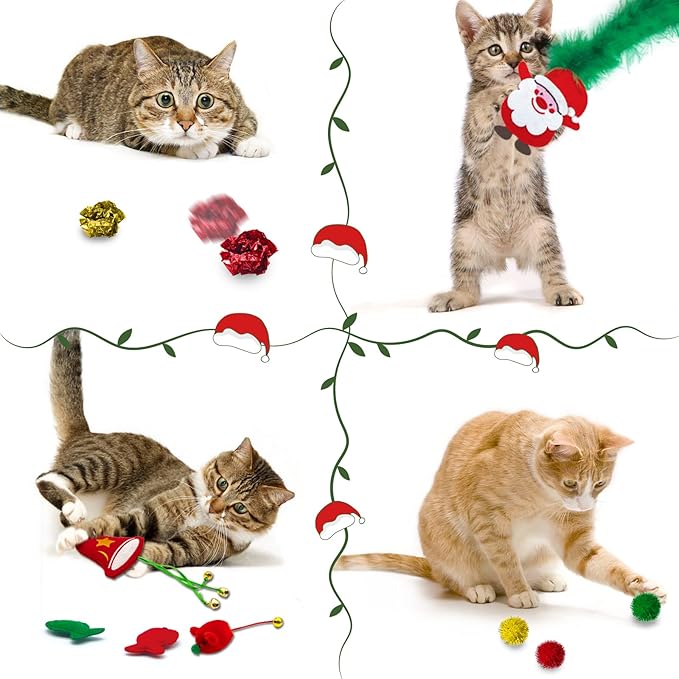 Cat Christmas Stocking, 10 Pack Christmas Cat Toys for Indoor Cats, Includes Catnip Toys, Cat Teaser, Cat Balls and Feather Toys, Great Value for Cats - PAWPICO