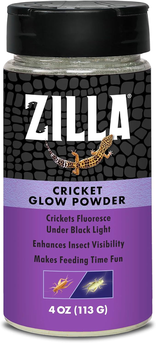 Zilla Cricket Glow Powder — add to Reptile Food for a Fun Twist, More exciting Than Plain Calcium Powder! Fluoresces Under Black Light, Ideal for Insectivores, 4 Ounces Zilla