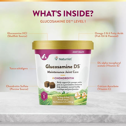 NaturVet Glucosamine DS Level 1 Maintenance, Joint Care Support Supplement for Dogs and Cats, Soft Chews, Made in The USA NaturVet