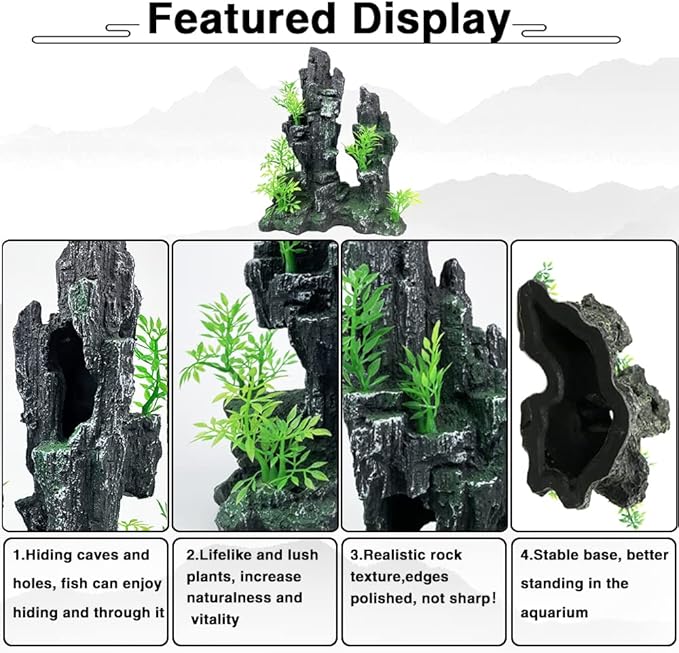 Aquarium Decorations Large and Tall Large Aquarium Decorations Fish Tank Ornaments Mountain View Stone Ornament Tree Rock Cave Artificial Fish Tank Ornament - 10.2 Inches High GOLOMOZ