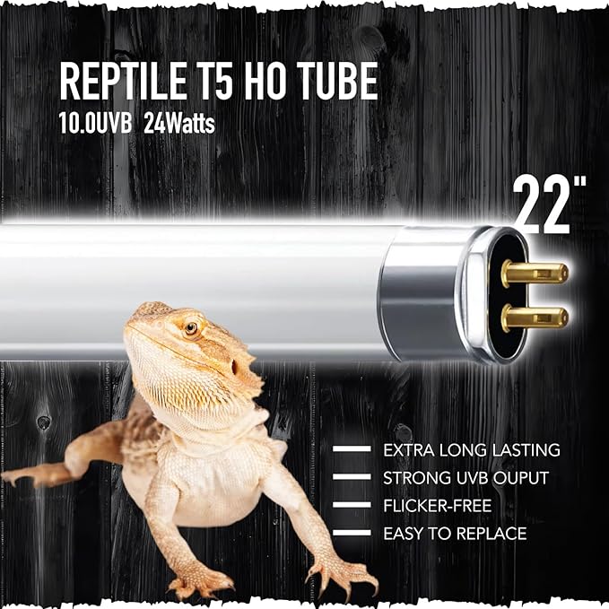 T5 Reptile UVB Light Tube, T5 UVB Tubes, 2-Pack 10.0 UVB 24W, for Desert-Dwelling Reptiles, Bearded Dragon UVB Light Lamp, Length 22'' ReptiKing