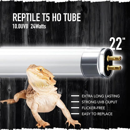 T5 Reptile UVB Light Tube, T5 UVB Tubes, 2-Pack 10.0 UVB 24W, for Desert-Dwelling Reptiles, Bearded Dragon UVB Light Lamp, Length 22'' ReptiKing
