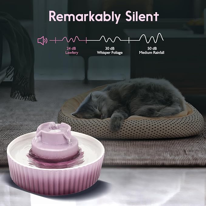 Ceramic Cat Water Fountain, 2.1L/71oz Cat Fountain with 3 Carbon Filters and 2 Water Pumps, Cupcake Pet Water Fountain for Cats and Dogs (Purple) - PAWPICO
