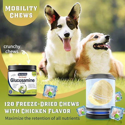 Glucosamine for Dogs, Hip and Joint Supplement for Dogs with Chicken Flavor, Anti Inflammatory, Dog's Chondroitin, Digestive Enzymes, Omega-3, Vitamin D, MSM, Calcium, Turmeric, 120 Freeze-Dried Chews DRFOSTER