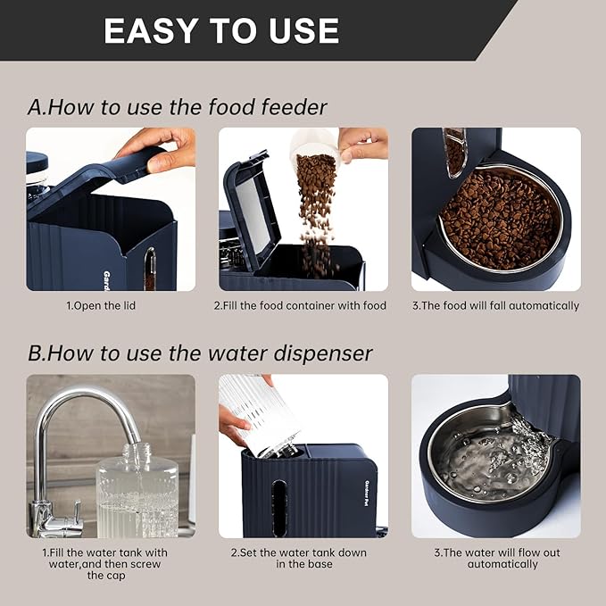 Gardner Pet Automatic Gravity Cat Food Feeder and Water Dispenser Stainless Steel Two-in-One Set Large Capacity Dispenser for Pets Dogs, Puppies, Kittens - PAWPICO