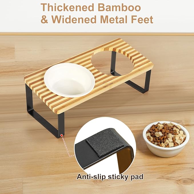 Sunhoo Ceramic Elevated Cat Bowls, Raised Puppy Dishes for Food and Water, Tilted Bamboo Stand for Anti Vomiting, Indoor 5.5 inch Wide Double Dish Orthopedic Anti-Vomiting (Yellow&Brown) - PAWPICO