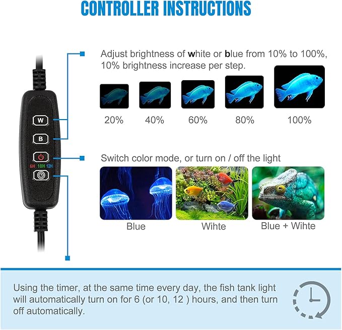 iKefe 7.5" White & Blue Submersible LED Aquarium Fish Tank Light with Timer/Dimmable Underwater Fish Tank Aquarium LED Lights Fixture for Saltwater Freshwater Fish, Plant Grow, Coral Reef Decorations iKefe