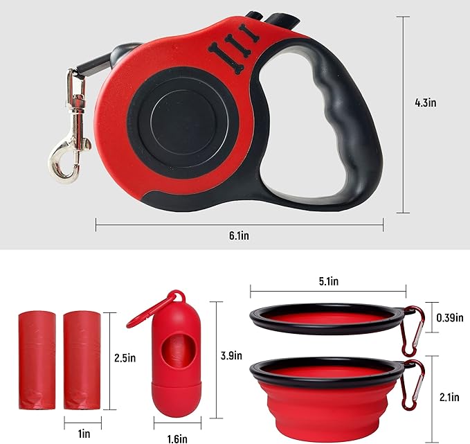 Retractable Dog Leash Automatic Telescopic Tractor Dog Tape, Pet Tape 10/16 FT Durable and Convenient, with Folding Bowl, Dispenser, Rubbish Bags, Suitable for Small and Medium Dogs LIEVUIKEN
