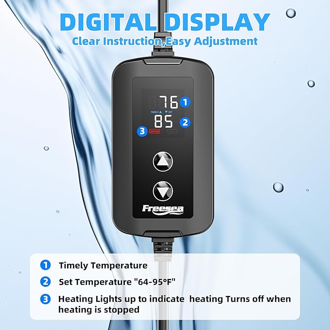 FREESEA Aquarium Heater for Fish Tank: 100W/200W/300W/500W Submersible Fish Tank Heater with Over-Temperature and Off-Water Protection for 75-120 Gallon Saltwater and Freshwater FREESEA