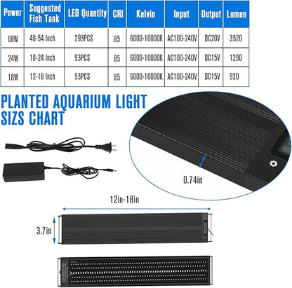 Aquarium Light 12-18 Inch Fish Tank Light LED Full Spectrum with Timer Auto On/Off Extendable Bracket Aquarium Plant Light for Freshwater Planted Tank Sunrise Sunset Adjustable Multi-Color CMOOD