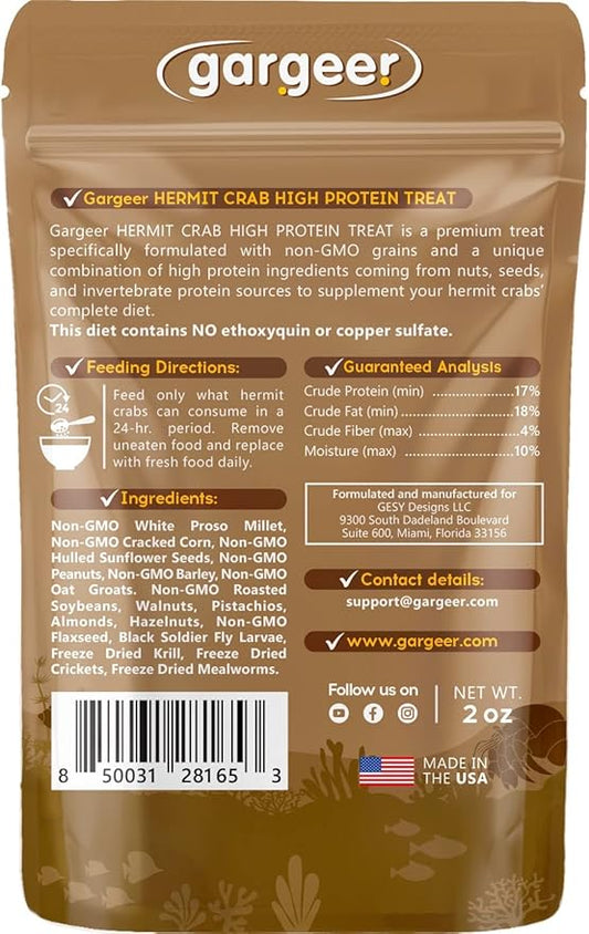 Hermit Crab Protein Treat. Non-GMO Premium Ingredients, to Meet All Protein and Support Strength and Growth. 2oz Granular Textured ‘Surprise Your Crab’ Meal. Enjoy! Gargeer