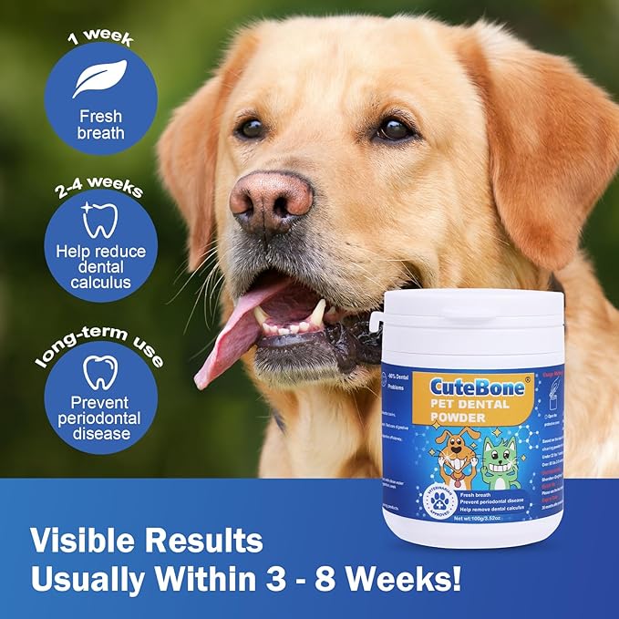 CuteBone Dog Teeth Cleaning Powder - Dog Dental Powder Pet Breath Freshener - Safe & Effective Natural Oral Care Formula Reduces Plaque & Tartar Promotes Healthy Gums Easy-to-Use for Dogs & Cats CuteBone