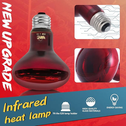 LUCKY HERP Infrared Heat Lamp 75W 2 Pack，Reptile & Amphibian Basking Spot Light Bulbs, Red Heat Lamp Bulbs for Reptiles, Bearded Dragon, Turtle, Lizard, Snake, Chicken LUCKYHERP