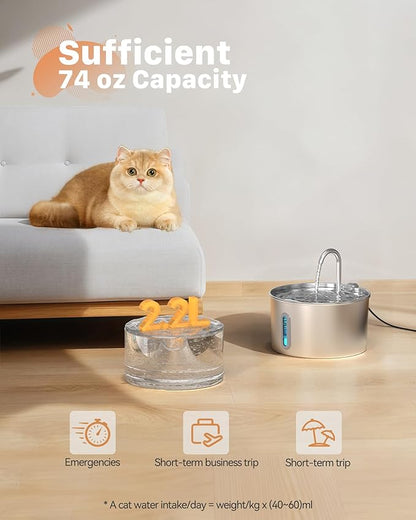 Cat Water Fountain Stainless Steel: 74oz/2.2L Cat Fountain for Drinking - Pet Water Fountain for Cats Inside - Automatic Cat Water Dispenser Bowl - Cat Feeding & Watering Supplies 6 Filters 3 Sponges - PAWPICO