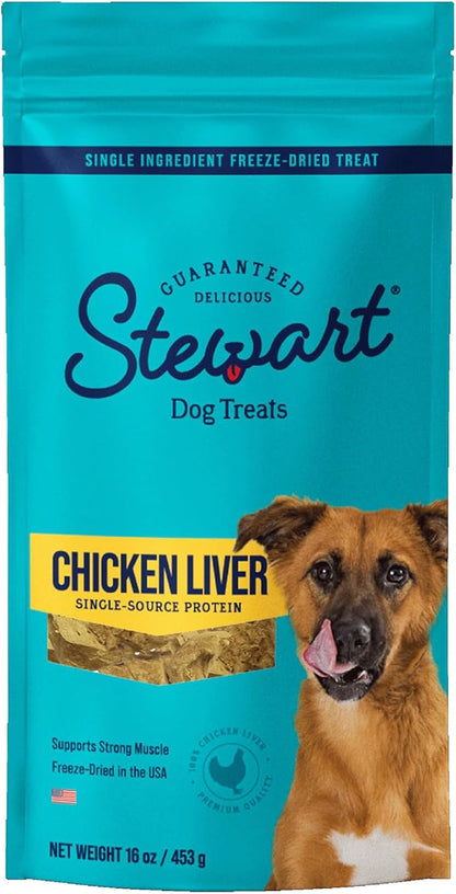 Stewart Freeze Dried Dog Treats, Chicken Liver, 16 oz, Grain Free & Gluten Free, Resealable Pouch, Single Ingredient, Training Treat in Beef Liver, Salmon, Chicken Liver & Chicken Breast 4, 14, 21oz - PAWPICO