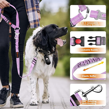 Removable Dog Seat Belt Harness for Car, 3 in 1 Pet Dog Car Seatbelt Leash, Retractable Restraint Secures to Vehicle Headrest & Adjustable Reflective Bungee Dog Seatbelt Tether, Purple and Black laqibakProductcollection