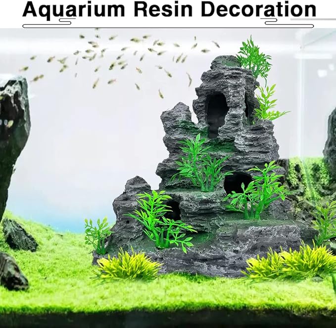 Aquarium Decorations Large and Tall Fish Tank Decor Aquarium Rock Mountain View Aquarium Ornament Tree House Cave Fish Tank Decorations for Large Fish Tank - 10.2 Inches High GOLOMOZ