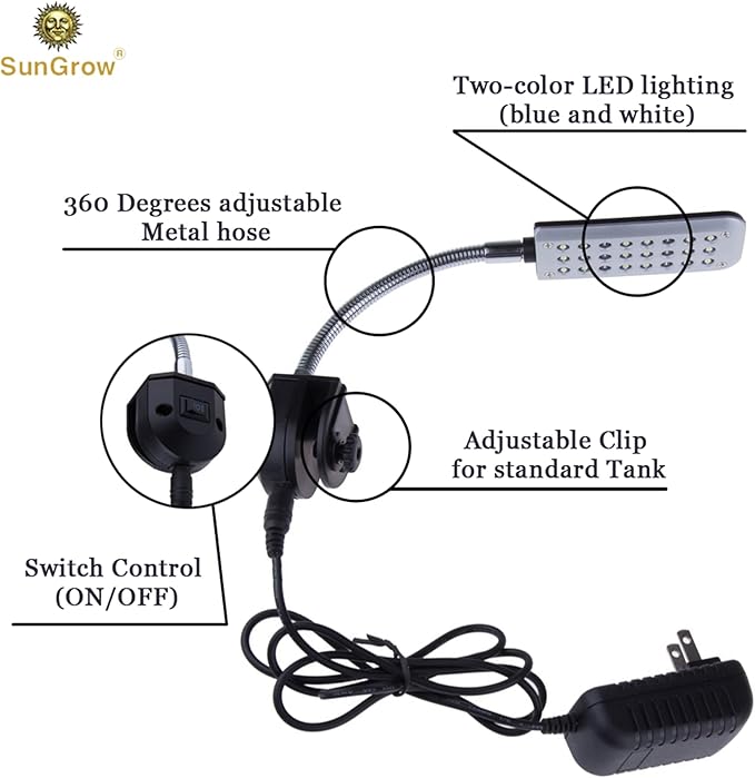 SunGrow LED Aquarium Light for Fish Tank, 24 LEDs, White & Blue Adjustable 360° Flexible Metal Arm Small Aquarium LED Light for Nano Tank, Install on Dog & Cat Crate for Security, Kitten & Puppy Care SunGrow