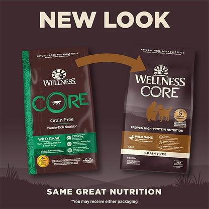 Wellness CORE Grain-Free High-Protein Dry Dog Food, Natural Ingredients, Made in USA with Real Meat, All Breeds, For Adult Dogs (Wild Game Duck, Lamb Meal, Boar & Rabbit, 12-Pound Bag) - PAWPICO