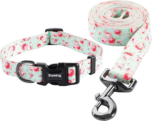 Ihoming Puppy Collar and Leash Set for Daily Outdoor Walking Running Training, Floral GreenLake Design for Extra Small Boys Girls Dogs Cats Pets, XS-Up to 10LBS Ihoming