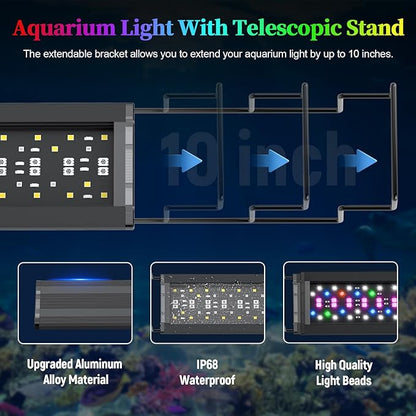 Aquarium Light for Fish Tank, Full Spectrum LED Aquarium Light for Plants, Adjustable Brightness, Timer Auto On/Off, White Blue Red Green Pink LEDs with Extendable Brackets for 24-30 Inch Tanks KINGDANS