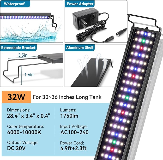 hygger Aquarium LED Light Fish Tank Full Spectrum Lighting with 24/7 Day-Night Cycle Mode & Auto On/Off Timer, 7 Colors Options, Dimmable, Extendable Bracket for 30~36in Tank Plant Lights hygger