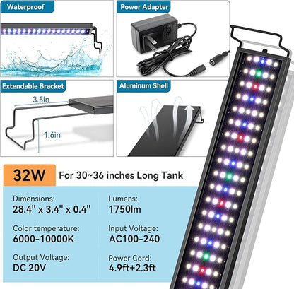hygger Aquarium LED Light Fish Tank Full Spectrum Lighting with 24/7 Day-Night Cycle Mode & Auto On/Off Timer, 7 Colors Options, Dimmable, Extendable Bracket for 30~36in Tank Plant Lights hygger
