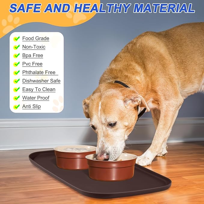 Silicone Pet Feeding Mat with Raised Edge, Dog Cat Bowl Mats for Food and Water, Pet Placemat for Floors Waterproof, 24” x 16” x 0.8” Dark Brown - PAWPICO