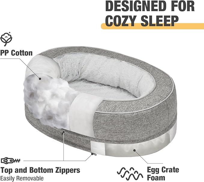 Veehoo Orthopedic Cat Bed for Indoor Cats, Oval Washable Cat Bed with Egg Crate Foam Support, Indoor Donut Puppy Cat Bed Bolster Dog Bed with Removable Cover & Non-Slip Bottom, Light Gray - PAWPICO