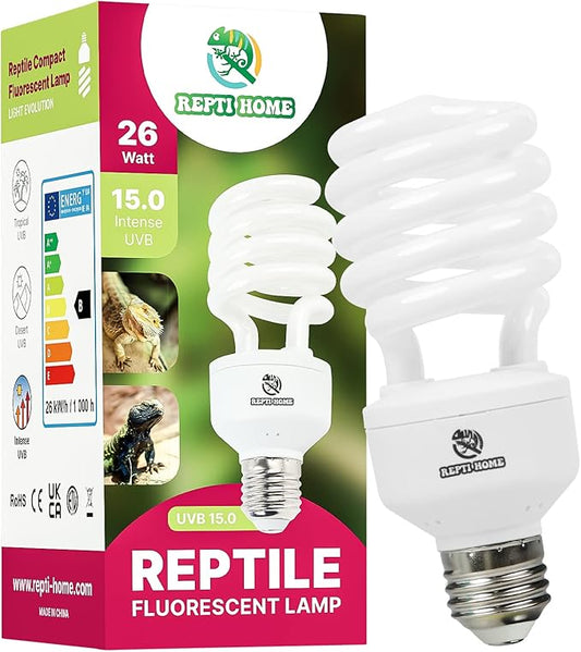 UVB Reptile Light 15.0, 26W Intense UVA UVB Bulb for Reptiles, Terrarium Compact Fluorescent Lamp, Reptile UVB Light Bulb for Desert Reptiles & Amphibians REPTIHOME