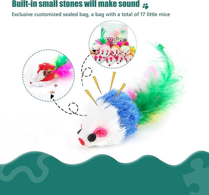 FYNIGO Cat Mouse Toys,17 PCS Cat Toy Mice Rattle Set,Interactive Cat Toy for Indoor Cats and Kittens,Assorted Color Catnip Toys with Feather Tail - PAWPICO