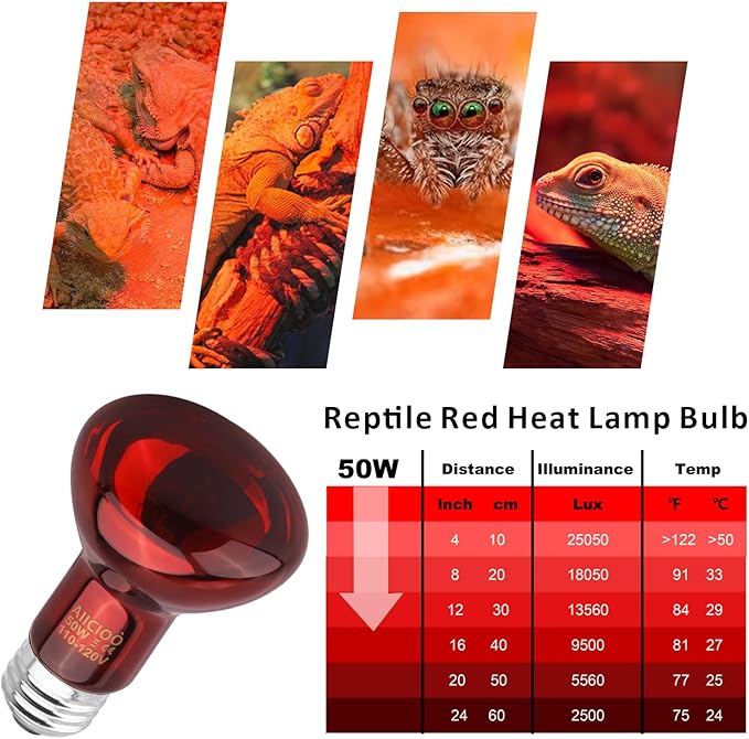 Aiicioo Reptile Red Light Bulb - Reptile Heat Lamp Bulb Infrared Basking Spot Lamp for Bearded Dragon Lizard Turtle Hermit Crab Leopard Gecko Snake Chameleon 50W AIICIOO