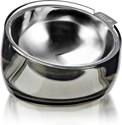 Felli Pet Oblik Spill Proof Dog Food Water Bowl Raised Acrylic Cone, Stainless Steel Tilted Oval Dish Pet Friendly, Slanted Metal Plate Feeder Elevated for Small Medium Size Dog (1.5Cup, Smoky) - PAWPICO