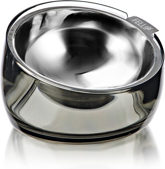 Felli Pet Oblik Spill Proof Dog Food Water Bowl Raised Acrylic Cone, Stainless Steel Tilted Oval Dish Pet Friendly, Slanted Metal Plate Feeder Elevated for Small Medium Size Dog (1.5Cup, Smoky) - PAWPICO