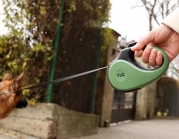 TUG 360° Tangle-Free Retractable Dog Leash with Anti-Slip Handle | 16 ft Strong Nylon Tape | One-Handed Brake, Pause, Lock (Medium, Green) TUG