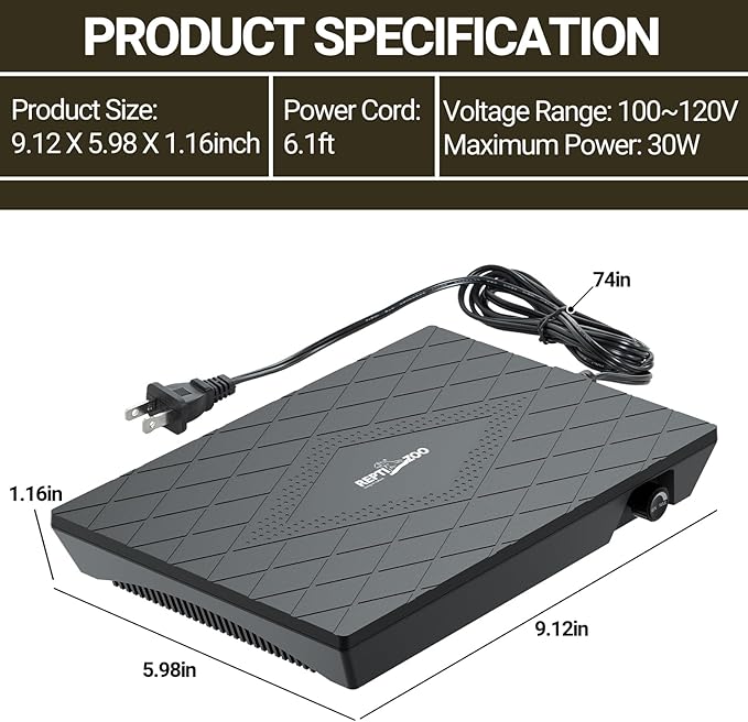 REPTI ZOO Reptile Heat Panel Adjustable Temperature Reptile Heating Plate, Non-Light Heating Solution with Expanded Heating Range for Hermit crabs/Leopard geckos/Turtles/Snakes/Bearded dragons/Lizards REPTIZOO