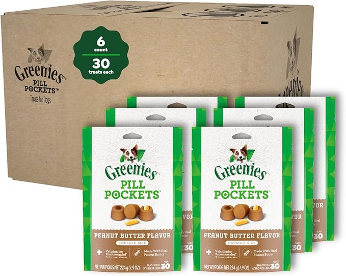 Greenies Pill Pockets for Dogs Capsule Size Natural Soft Dog Treats with Real Peanut Butter, (6) 7.9 oz. Packs (180 Treats) - PAWPICO