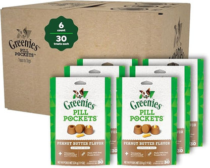 Greenies Pill Pockets for Dogs Capsule Size Natural Soft Dog Treats with Real Peanut Butter, (6) 7.9 oz. Packs (180 Treats) - PAWPICO