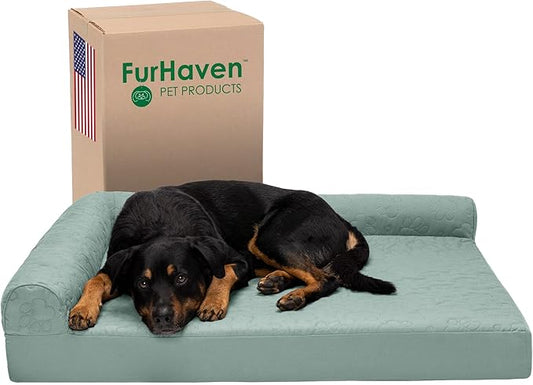 Furhaven Orthopedic Dog Bed for Large Dogs w/ Removable Bolsters & Washable Cover, For Dogs Up to 95 lbs - Pinsonic Quilted Paw L Shaped Chaise - Iceberg Green, Jumbo/XL - PAWPICO